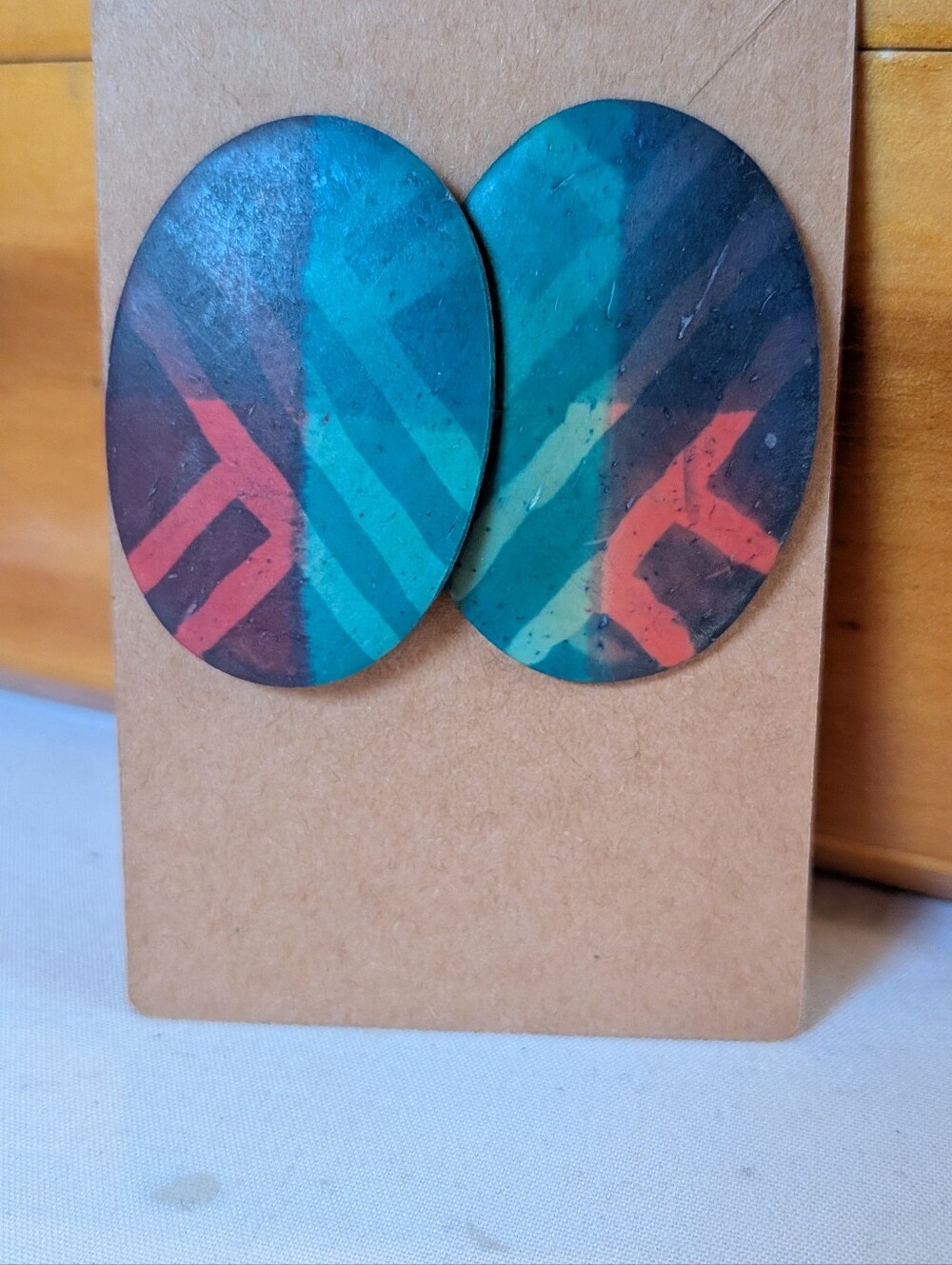 Vintage Teal & Coral Geometric Oval Earrings